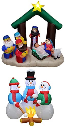 Two Christmas Party Decorations Bundle, Includes 6 Foot Tall Inflatable Nativity Scene, And 5 Foot Tall Inflatable Snowmen Snowman Campfire Camping Roasting Marshmallows Outdoor Blowup With Led Lights #TOP22
