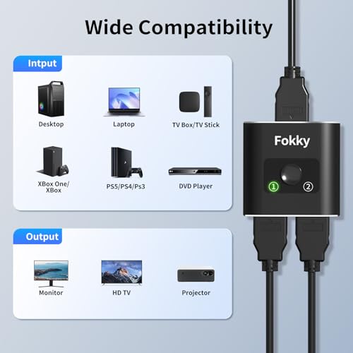 Fokky HDMI Swith 4K@60Hz, Bidirectional Hdmi Splitter, Aluminum hdmi switch 2 in 1 out / 1 In 2 out, HDMI splitter for dual monitors, Support 3D 1080P, suit for Xbox,PS5/4,DVD, (CABLE NOT INCLUDE)