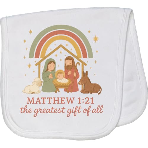 inktastic Matthew 1:21 Nativity Scene The Greatest Gift of All Baby Burp Cloth White 47145