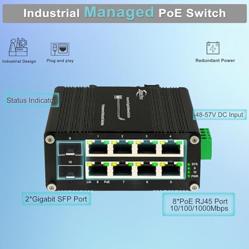Image of Industrial Managed 8 Port PoE Ethernet Switch with 2 SFP Slot, Gigabit Networking Switch with Web Management, Supporting Din-Rail, Black, XY-M2F8P