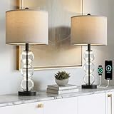 Oneach 25' Glass Table Lamps Set of 2, Black Modern Table Lamps with USB Ports for Living Room, Linen Shade Bedside Lamps for Bedroom, Nightstand, Side Table (Bulbs not Included)
