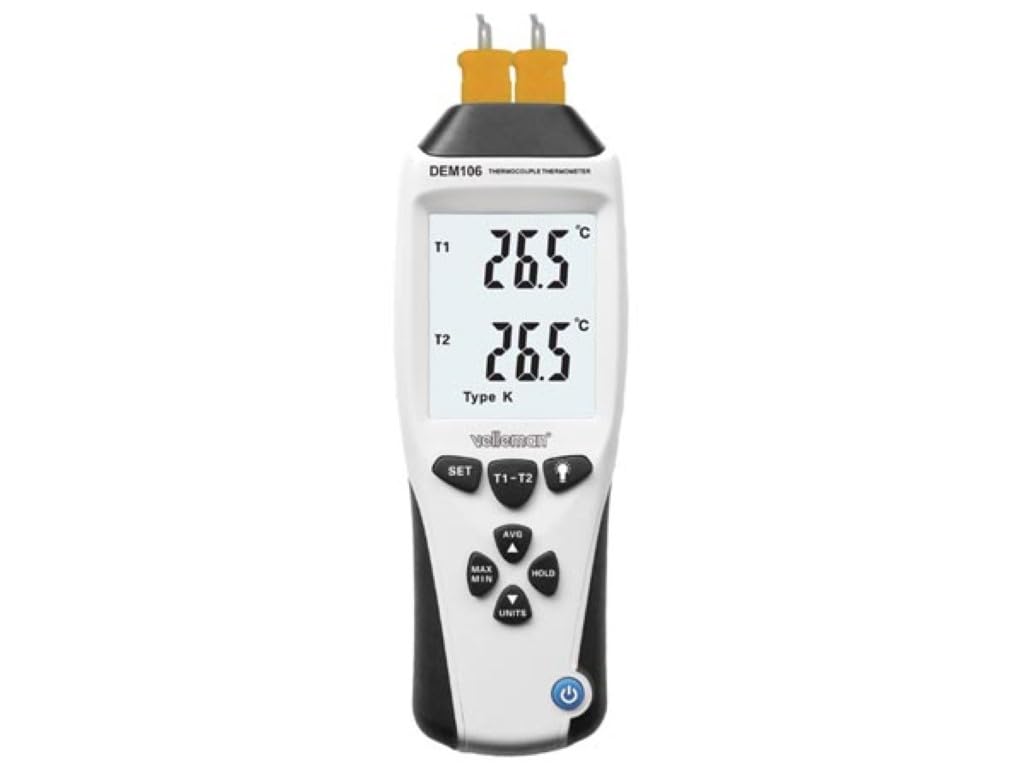 Velleman Termómetro con termopar tipo K/J, medición dual, pantalla LCD dual, -200 ° C -1370 ° C, Hold de datos
