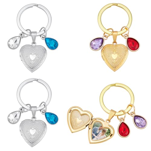 nbeads 4 Pcs Porte Clés Médaillon en Forme de Cœur, Porte Clés Pendentif Photo en Forme de Cœur avec Strass en Alliage et Breloques en Verre pour...