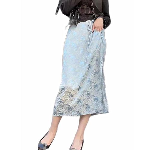 Jupe droite en satin de soie femme taille haute jacquard chinoiserie rétro L