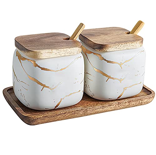 Jfflyit 2 Sets Of Marble Ceramic Sugar Bowl Ceramic Seasoning Jars With Wooden Lid And Wooden Spoon(White) #TOP1