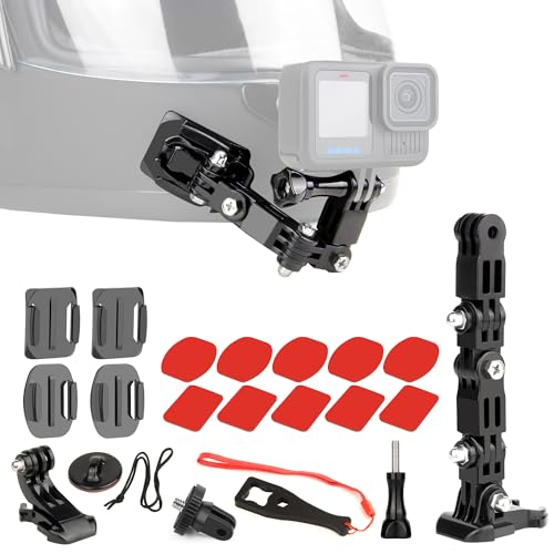 SOONSUN Motorcycle Helmet Chin Mount Kits for GoPro Hero 13 12 11 10 9 8 7 6 5 4 Hero Session, AKASO, SJCAM, Osmo Action Camera Includes Adhesive Pads Flat Curved J-Hook Mount
