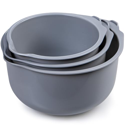 KONZEPT Rührschüssel Set 3-teilig aus Kunststoff in Grau – mit Ausgießer, Anti-Rutsch-Boden, stapelbar, mit Messskala, spülmaschinengeeignet – ideal zum Backen, Mischen & Aufbewahren