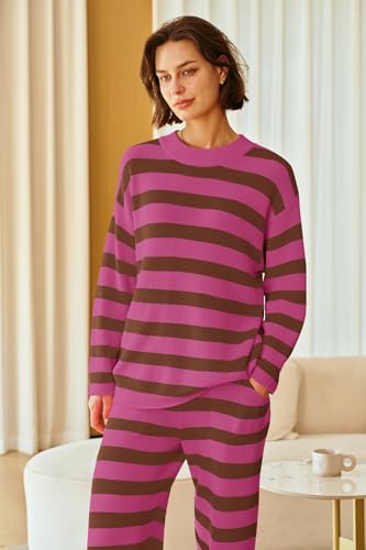 Image of SENSERISE Womens Striped Set Sweater Lounge Sets | Pajamas Set, Loungewear Set, Oversized Knit Sweater, Wide Leg Pants with Pockets, Fall Outfits, Pants Set