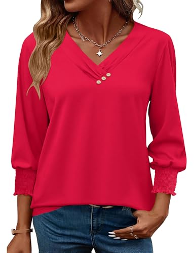 LOMON Blouses for Women Dressy Casual 3/4 Length Sleeve Womens Tops with Buttons Decor2