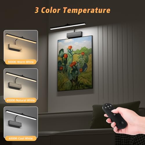 Lightbiz Picture Light, 15.35inch 5400mAh Rechargeable Picture Lights for Wall Battery Operated Wall Lights with Remote, 3 Colors Paintings Light Dimmable Art Light for Artwork, Gallery(Black)