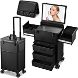 Faquenc Rolling Makeup Case with lighted mirror, Cosmetology Case on Wheels with LED Mirror, Professional Salon Trolley Cart with Drawer,Travel Makeup Lockable Beauty Organizer with Live Stream Light