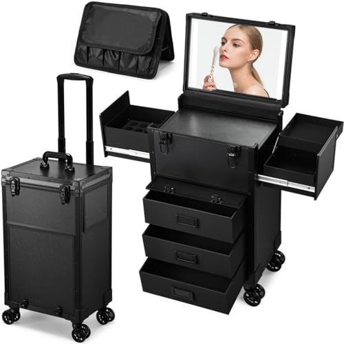 Faquenc Rolling Makeup Case with lighted mirror, Cosmetology Case on Wheels with LED Mirror, Professional Salon Trolley Cart with Drawer,Travel Makeup Lockable Beauty Organizer with Live Stream Light