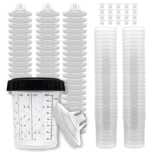 Disposable Paint Spray Gun Cup Liners and Lid System, 50 Pack Mini Size 6 Ounce (200ml) Kit - Paint Spray Gun Cups 50 Cup Liners, 50 Lids with Strainer, 1 Hard Cup with Retainer Ring and 20 Plugs