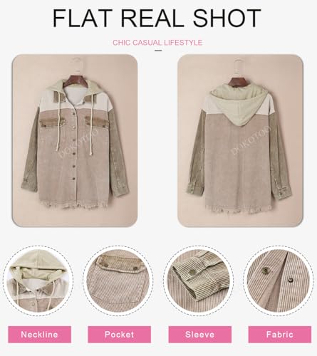 Dokotoo Womens 2024 Fall Corduroy Shacket Jacket Long Sleeve Button Down Color Block Hooded Coat with Pockets - Image 6
