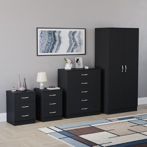 Vida Designs Riano 4 Piece Bedroom Set - 3 Drawer Bedside Chest, 5 Drawer Chest, 2 Door Wardrobe - Black