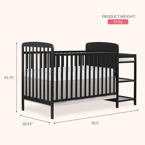 Image of Dream On Me Anna 3-in-1 Convertible Full-Size Baby Crib & Changer with Storage in Black, GreenGuard Gold & BSA, Pinewood, Converts to Day & Toddler Bed, 3 Mattress Heights, 1″ Changing Pad