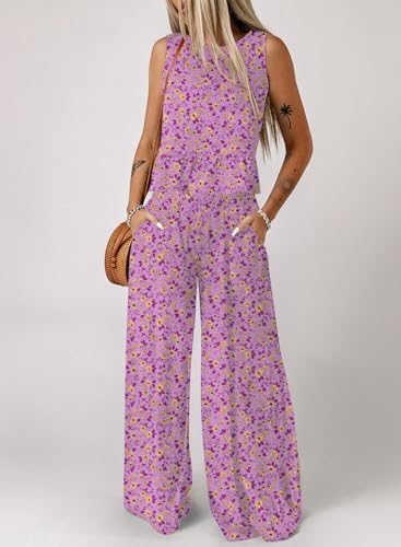 Image of Dokotoo Pants Sets Women 2 Piece Outfits Sleeveless Round Neck Tank Tops Matching Sets for Women Elastic Waist Wide Leg