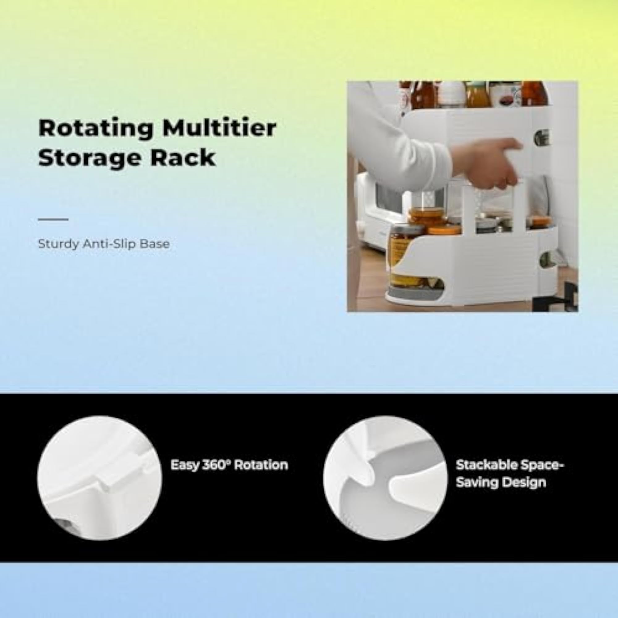 Rotating Kitchen Storage Rack, Multitier Organizer, 360° Turntable
