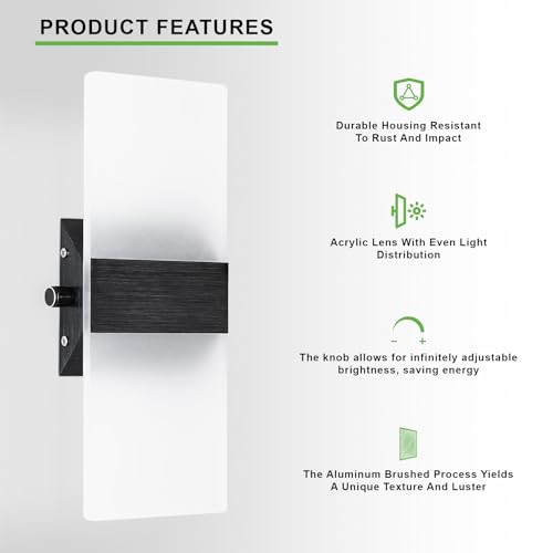 Image of Lightess Indoor Wall Sconce with Switch, Black, LED, Warm White, 1 Pack | Hardwired, Dimmable, Acrylic, For Bedroom Living Room Hallway