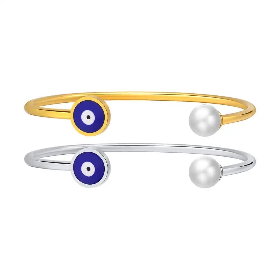 Velvet CollectionStainless Steel Evil Eye Protection Turkish Eye Open Cuff Bracelet With Pearl Small size range of 3.9 to 5.9 inches