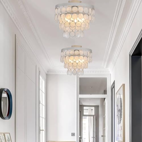 Topaluce Modern Capiz Shell Chandelier Boho Coastal Silver Flush Mount Ceiling Light Fixture for Kids Bedroom,Dressing Room,Entryway,Kitchen Dining Room - Image 2