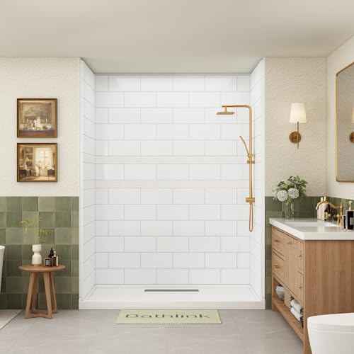 Bathlink Shower Wall Panels, 32D x 60W x 79H, Solid Surface Waterproof Wall Panels for Showers, Shower Surround Wall Kit, Glossy White Brick-Look Finish, 1\" (25.4mm) Thick, Grid-Reinforced Backing