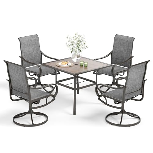 MFSTUDIO 5 Piece Patio Dining Set, 37" Square Outdoor Wood-Like Table and 4 Sling Swivel Chairs for Garden,Backyard,Poolside