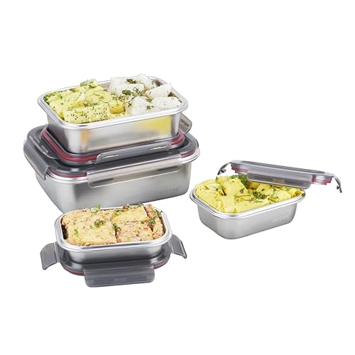 Image of Fridge to Oven Microwave Safe Stainless Steel Reusable Food Storage Containers with Leak-Proof and Airtight Lids (Rectangular Set of 3)