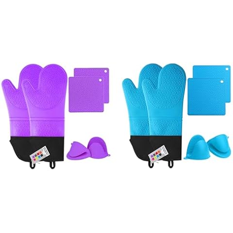 MTZRFLL Extra Long Silicone Oven Mitts and Pot Holders Sets, Purple and Blue Cover