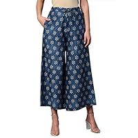 RATAN Women's Cotton Printed Loose Fit Flared Wide Leg Palazzo Pants (CFP-Navy Blue-XX-Large)
