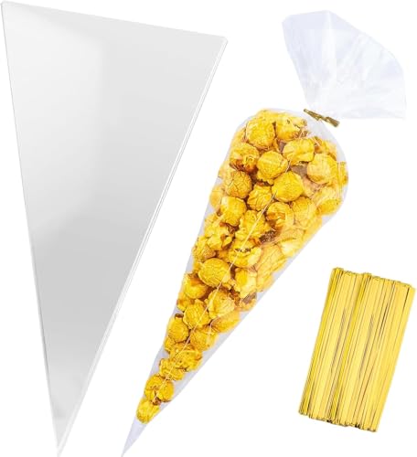 Cellophane bags 100 Pcs 7x15 Inch Clear Cellophane Treat Bags Carrot Cone Shaped Treat Bag with Twist Ties Plastic Popcorn Bags Cotton Candy Bag for Easter Party Favors Baby Shower Birthday Gift