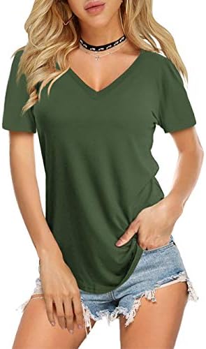 Amoretu Women's Basic Tee Shirt Short Sleeve Plain Summer Blouses Tops(Green,XL)