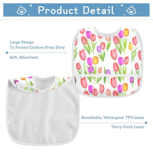MCHIVER Tulip Flower White Baby Bibs for Boy Girl Toddler Waterproof Feeding Bib Apron with Food Cather Adjustable Cotton Food Eating Bib 2 Pack3