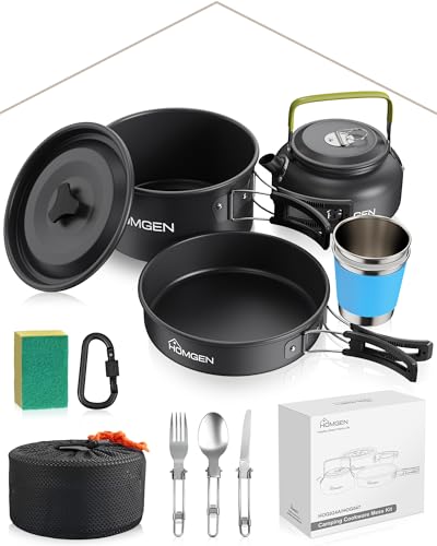 HOMGEN Set de Cocina Camping Portátil con Olla Sartén Tetera Tazas y Cubiertos Plegables de Aluminio Anodizado Ligero para 1-2 Personas Excursionismo Senderismo Picnic y Acampada