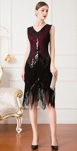 Image of Women Flapper Dresses 1920s V Neck Beaded Fringed Great Gatsby Club & Night Out Dresses