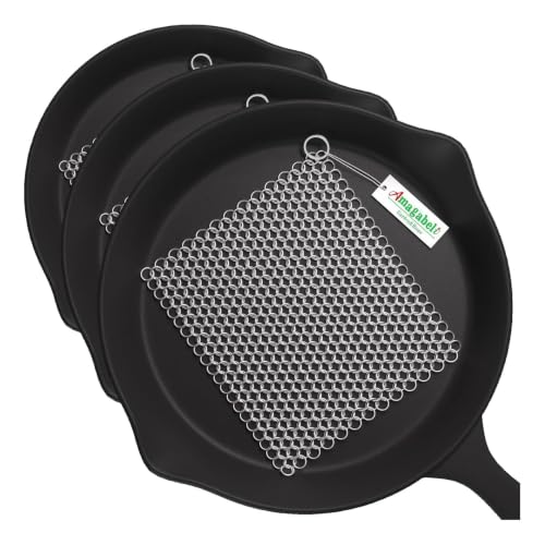 Image of Amagabeli Cast Iron Cleaner 8 inchx6 inch Premium Stainless Steel Chainmail Scrubber Cast Iron Skillet Cleaner for Pan Pot Wok Griddles BBQ Grills Cast Iron Cleaning (Pack of 3)
