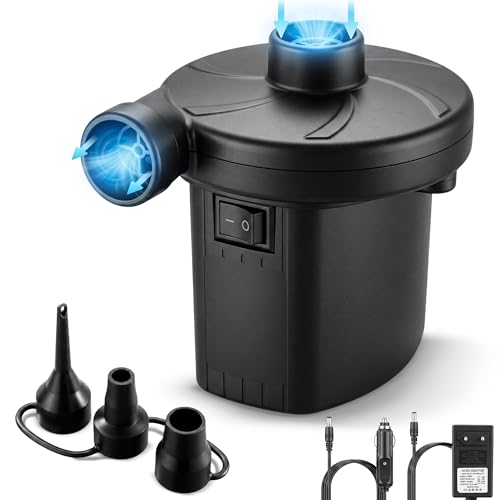 JUPPLIES Inflador Electrico 240V AC + 12V DC | 2 en 1 – Hinchador y Deshinchador | 3 Boquillas Intercambiables para Colchon Hinchable, Piscina, Paddle Surf | Bomba de Aire Electrica Portable