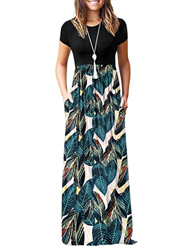 Image of MISFAY Women's Short Sleeve Maxi Dresses Long Casual Dresses with Pockets | Empire Elastic Waist, Crew Neck, Floor Length, Strentchy Flowy A Line Fit, Loose Plain Summer Outfits, Vacation Wear