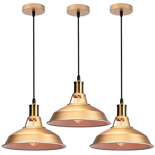STOEX 3PCS Suspension Luminaire Vintage Métal 27cm, Lustre Plafonnier Industriel Lampes LED E27 Corde Ajustable pour Salon Cuisine Restaurant Salle à manger Chambre (Doré) Cover