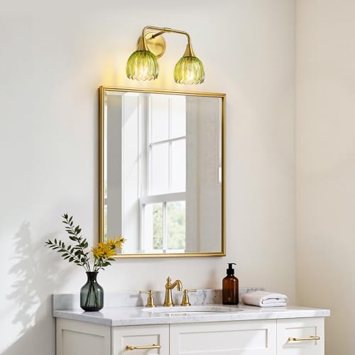 Image of Bathroom Vanity Light Fixtures: 2-Lights Vintage Bathroom Lights Over Mirror with Ribbed Green Tulip Glass Shade - 14 inch Brushed Gold Wall Sconce Bath Lighting