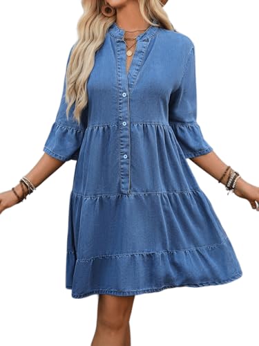 Women's Casual Denim Dress Tiered Ruffle A Line Button Down Summer Jean Dresses with 3/4 Flared Sleeves