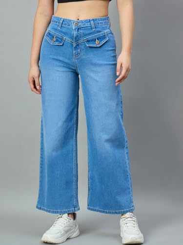 Jean stretch taille haute jambe large galbant bleu - 2