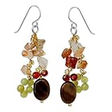 NOVICA Artisan Handmade Tigers Eye Carnelian Cluster Earrings Crafted Quartz .925 Sterling Silver Multigem Glass Bead Brown Multicolor Red Yellow Orange Beaded Dangle Thailand 'Thai Autumn'
