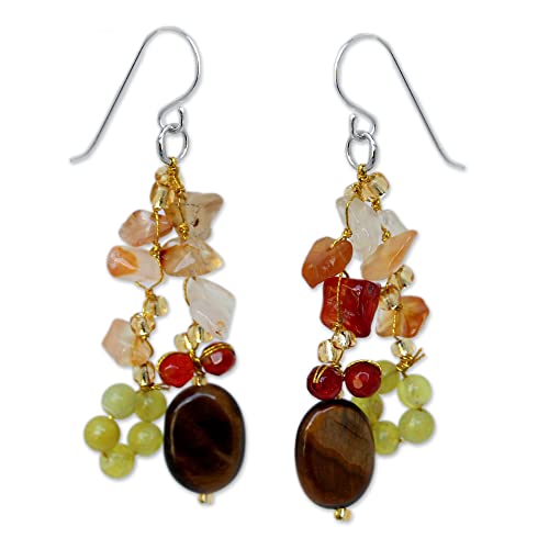 NOVICA Artisan Handmade Tigers Eye Carnelian Cluster Earrings Crafted Quartz .925 Sterling Silver Multigem Glass Bead Brown Multicolor Red Yellow Orange Beaded Dangle Thailand 'Thai Autumn'