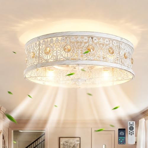Image of Garwarm 20 inch Ceiling Fans with Lights,Flush Mount Vintage Farmhouse Rustic Crystal Fandelier,Low Profile Farmhouse Caged Ceiling Fan with Light and Remote for Bedroom,Kitchen,Indoor