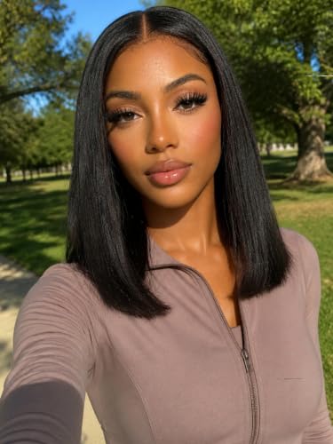 Image of KLAIYI Bye Bye Slip Yaki Straight Bob Wig Human Hair Glueless 13x4Lace Front Wigs Human Hair Drawstring Pre Plucked Bleached Knots Pre Everything 3S Ready to Wear and Go Wig Beginner Friendly 14Inch