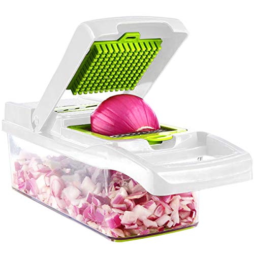 ADOV Mandolina Profesional, 12 en 1 Cortador Verduras Multifuncional, 7 Reemplazable Cuchillas Acero Inoxidable Alimentos Slicer, Mandolina de Cocina para Cortar Fruta Vegetales Patata Cebolla – Lima