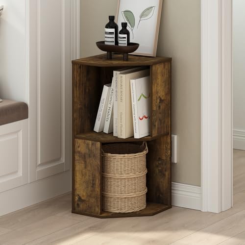 Image of Furinno ECON Corner Shelf, 2-Tier Corner Book Shelf, Standing Storage Shelves, Cube Display Rack, Bookshelf, for Organization and Storage, Living Room, Home Office, Amber Pine