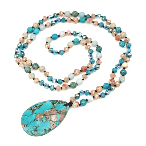 Long Necklaces for Women Boho, Oval Waterdrop Turquoise Pendant, Natural Stone Beaded, Handmade,Vintage & Elegance, Boho Fashion Charm Beaded Necklace for Women
