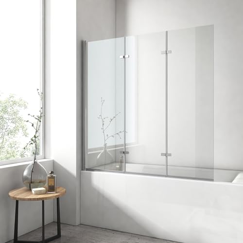 EMKE Mampara bañera plegable 130 x 140 cm, 3 paneles plegable, mamparas de bañera de cristal de seguridad de 6 mm, giro de 180°, estilo industrial,Revestimiento nano fácil de limpiar（Sin marco）